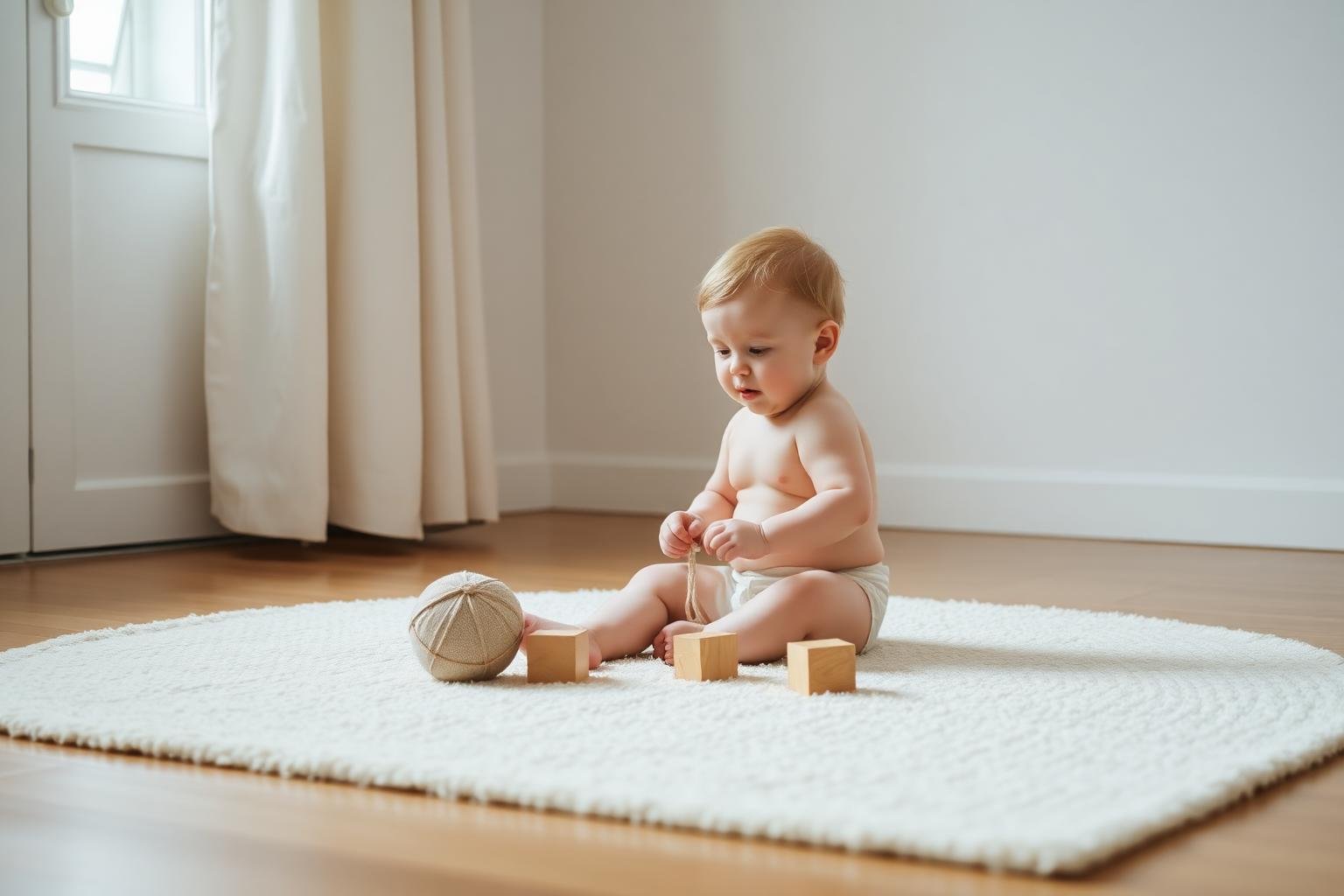 Baby playing independently with simple wooden blocks on a rug