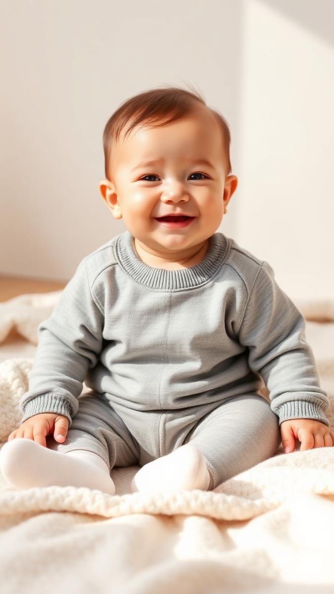 Happy baby in soft comfortable cotton clothing on a blanket