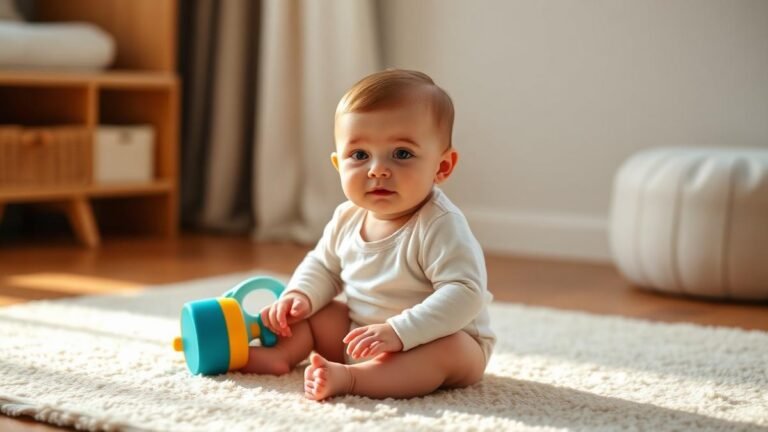 When do babies sit up: a baby sitting up independently on a soft rug with a toy