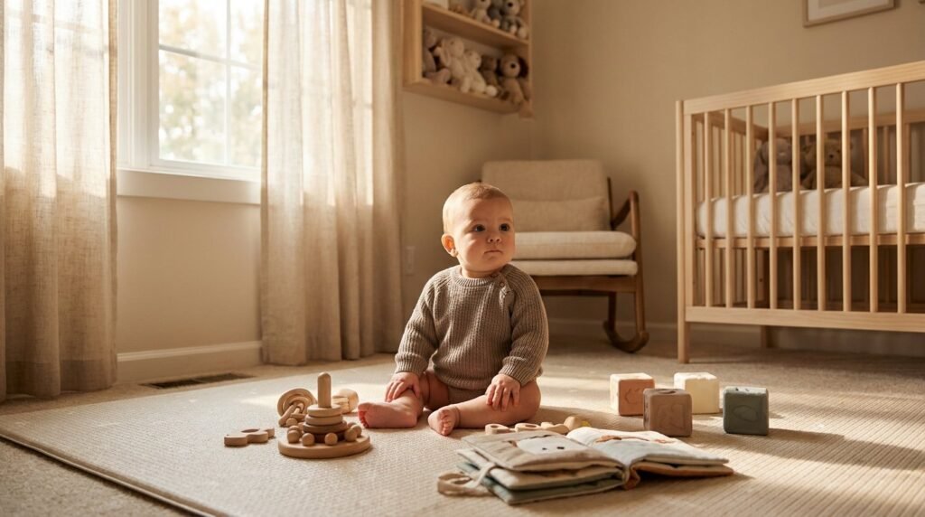 Baby sitting upright without support on a play mat
