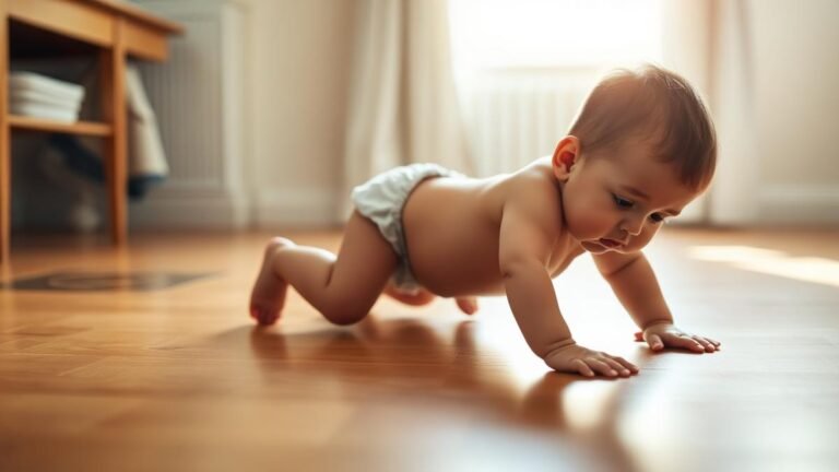 When do babies start crawling: a baby crawling on hands and knees across a wooden floor
