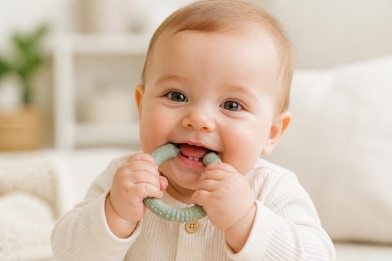 Smiling 8-month-old baby with two lower front teeth chewing on a soft green silicone teething ring