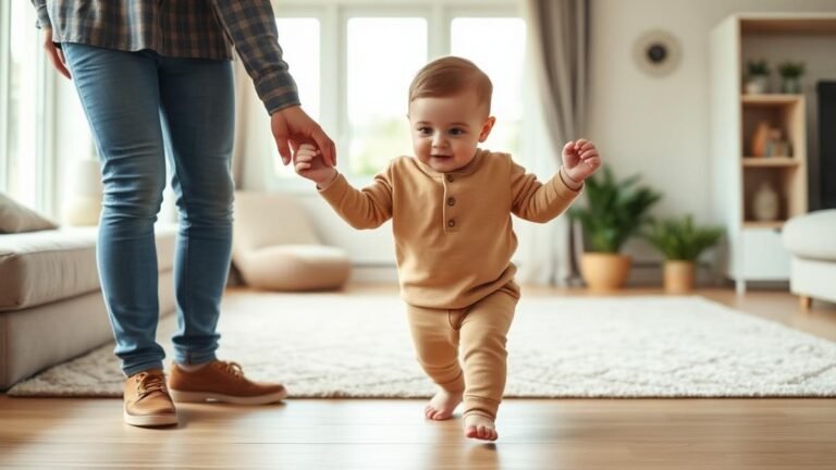 When do babies start walking: a baby taking first steps holding a parent's hands in a living room