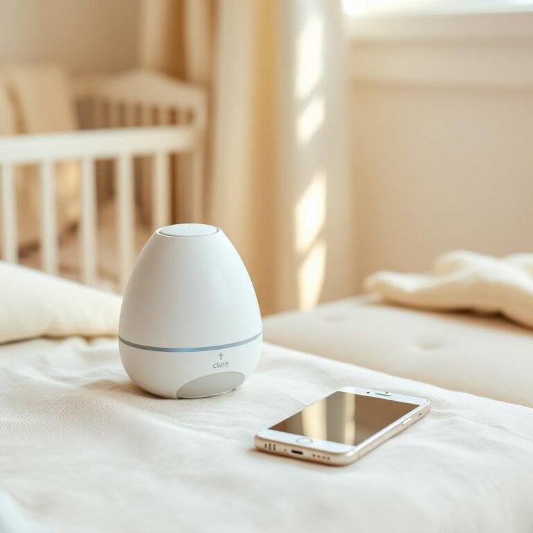 White noise sound machine and smartphone on linen nursery surface — app vs machine