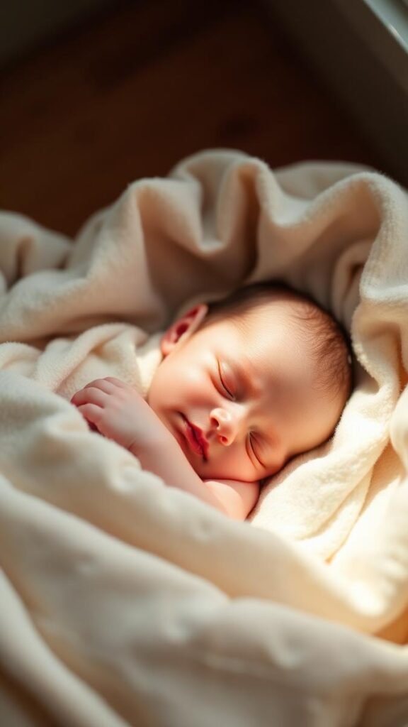 Deeply sleeping newborn curled up in soft blankets
