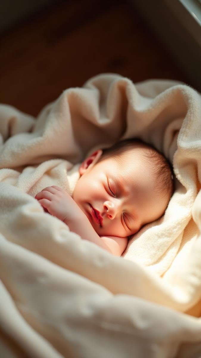 Deeply sleeping newborn curled up in soft blankets