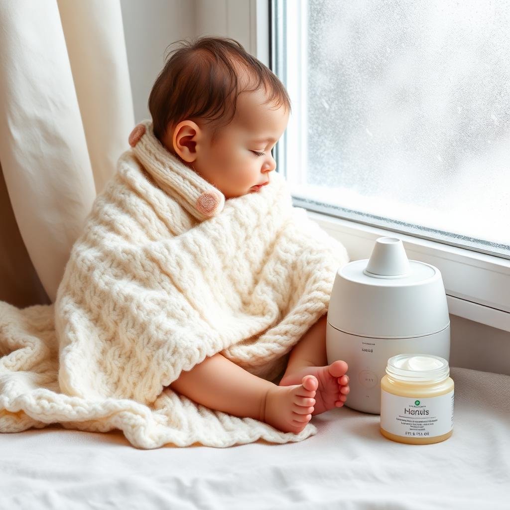 Baby wrapped in cream knit blanket by frosted window with humidifier and moisturizer