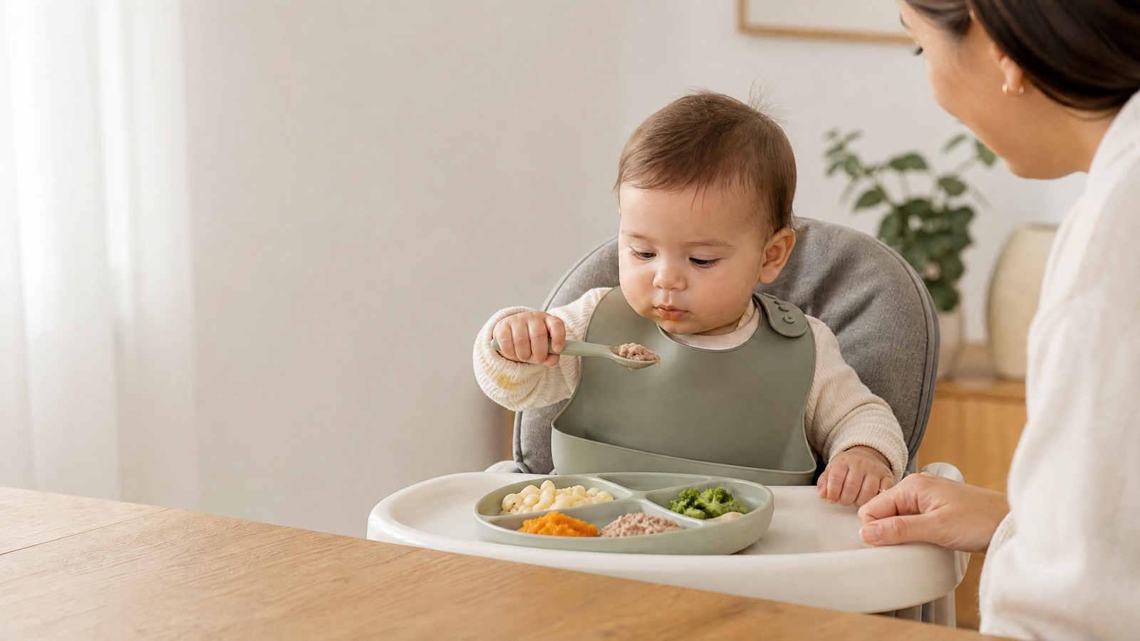 Parent offering soft iron-rich foods to a 10-month-old during a supervised family meal