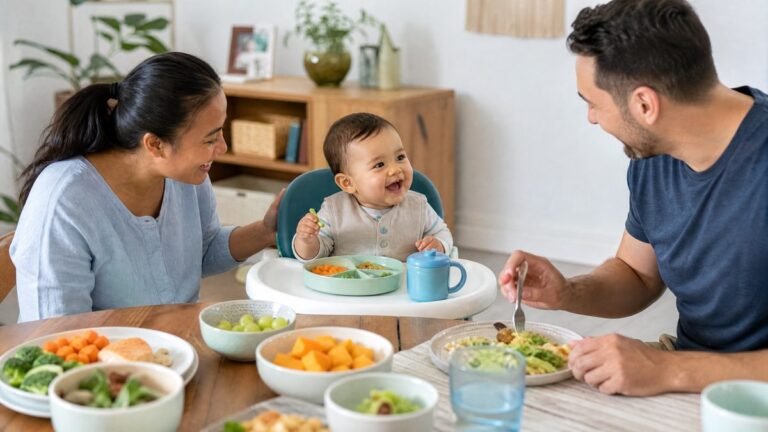 11-month-old eating bite-sized pieces and practising an open cup at a family meal