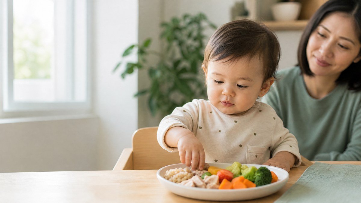 One-year-old exploring a small plate of varied family foods