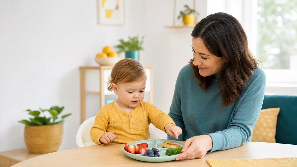 Parent offering a toddler two healthy food choices at a calm meal