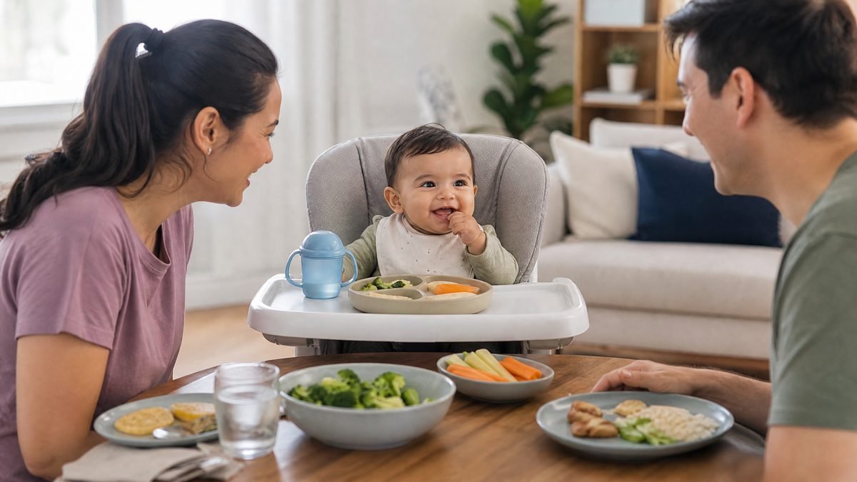 Parent offering soft finger foods to an 8-month-old sitting in a high chair