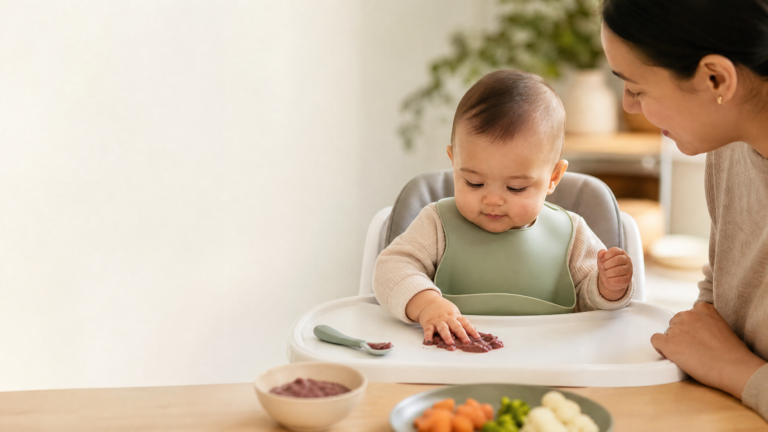 Parent offering soft food to an 8-month-old seated upright in a high chair