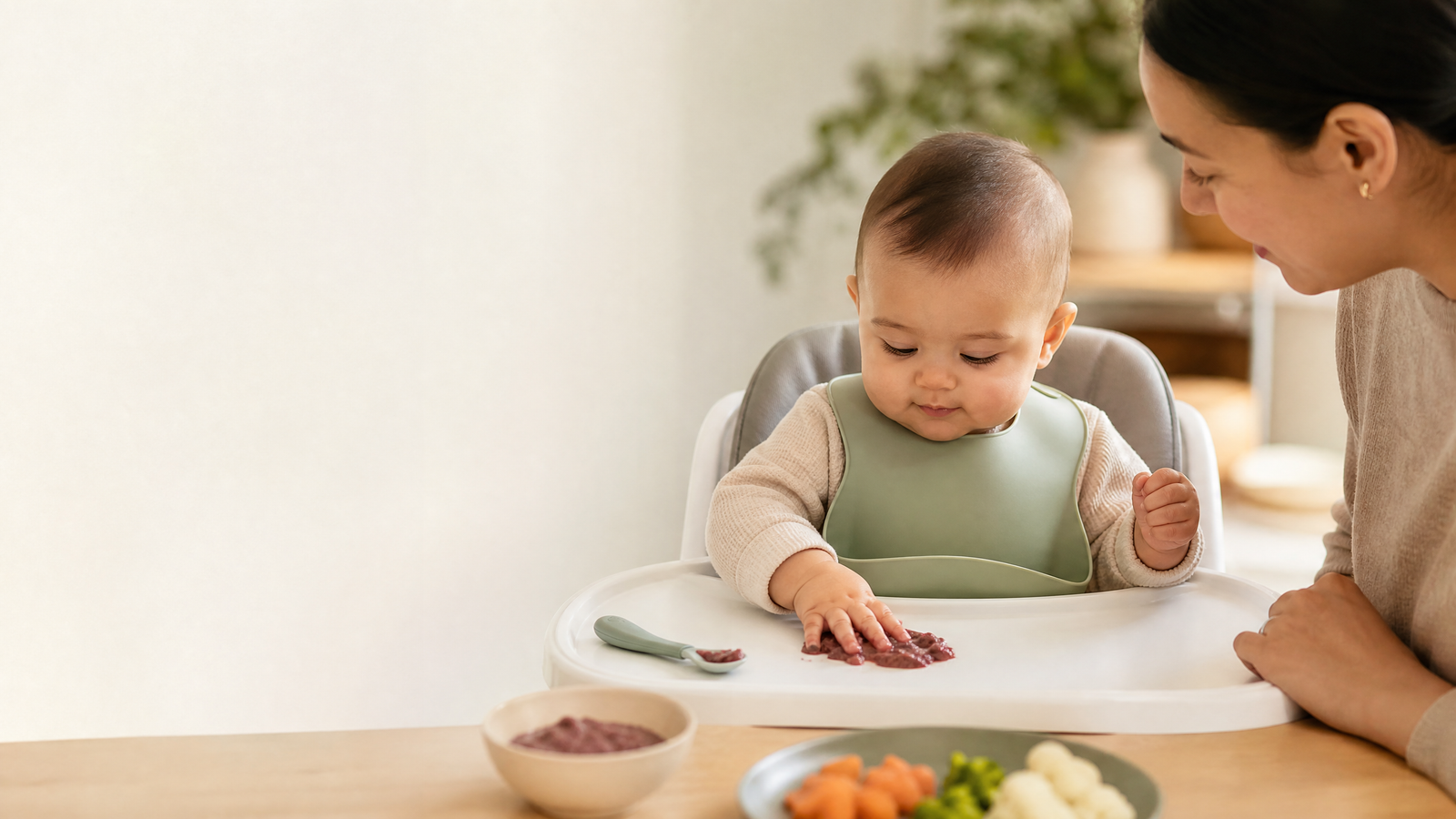 Parent offering soft food to an 8-month-old seated upright in a high chair