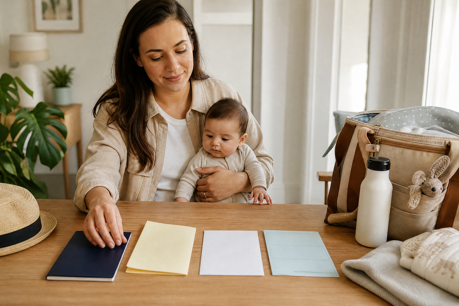 Parent organizing international travel documents for a baby before a family trip