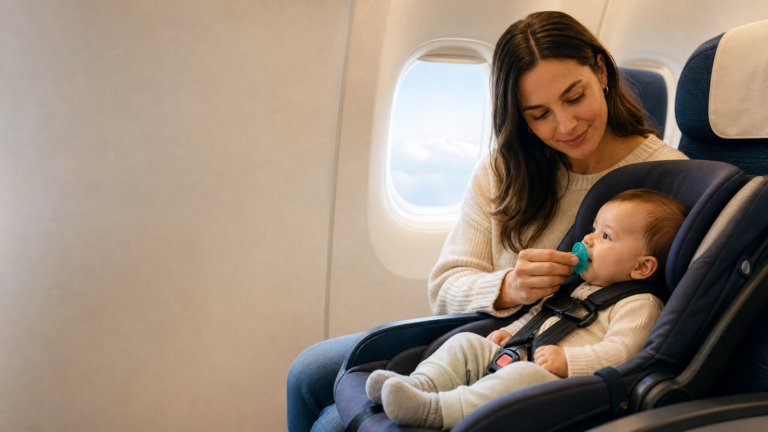 Parent offering a pacifier to help ease baby ear pressure on a plane during descent.