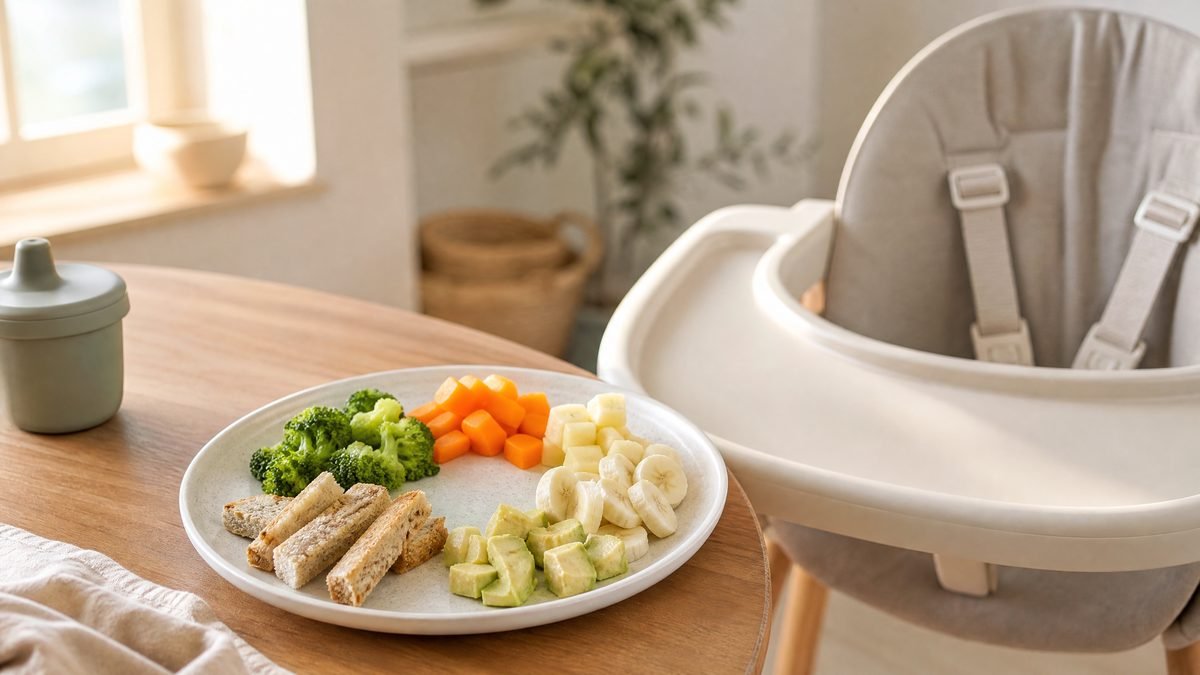 Parent cutting soft cooked vegetables into long strips and small pieces for baby-led weaning