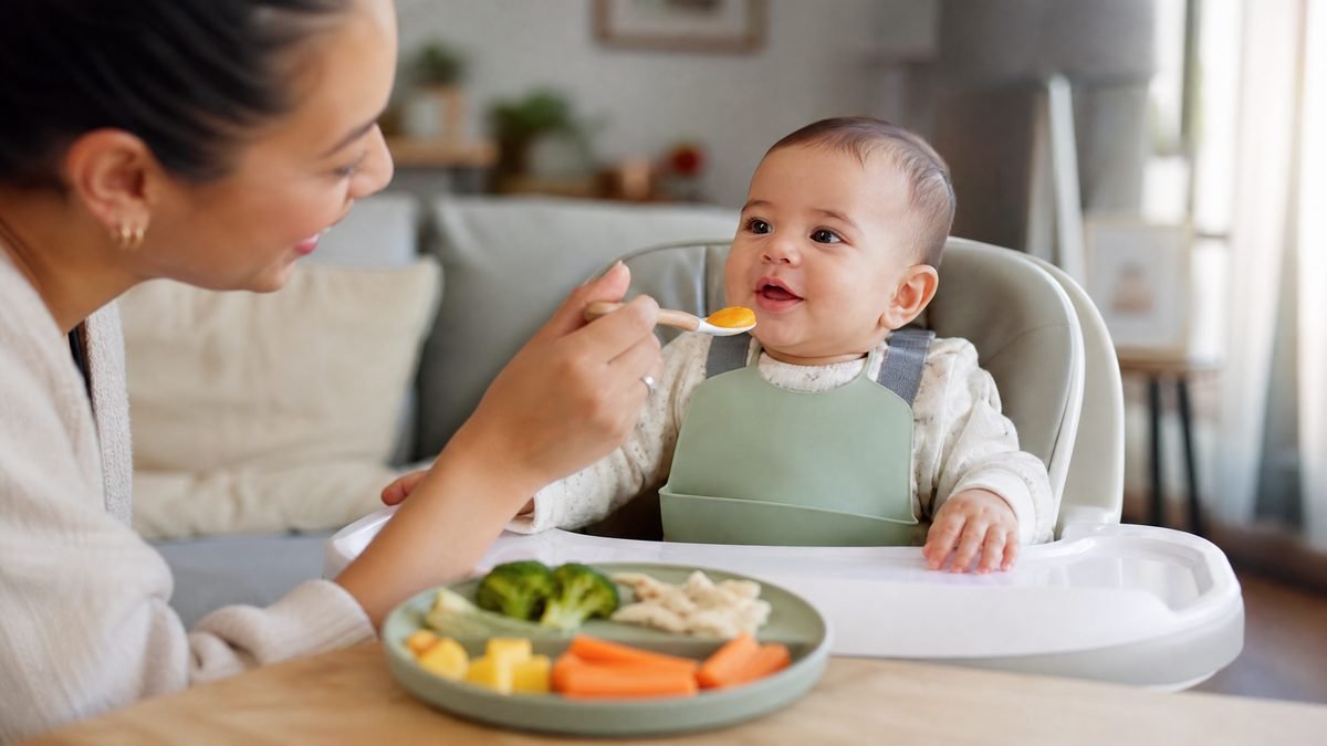 Baby in a high chair offered a spoon and soft finger food pieces