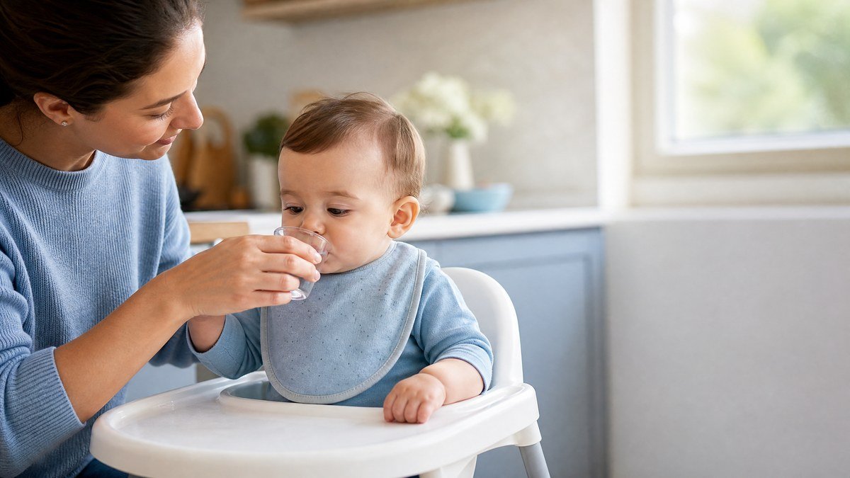 Parent helping a baby practise drinking water from a small open cup