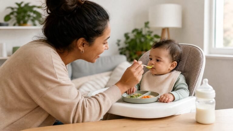 Baby at high chair being offered solids while drinking milk nearby