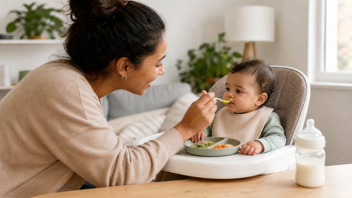 Baby at high chair being offered solids while drinking milk nearby