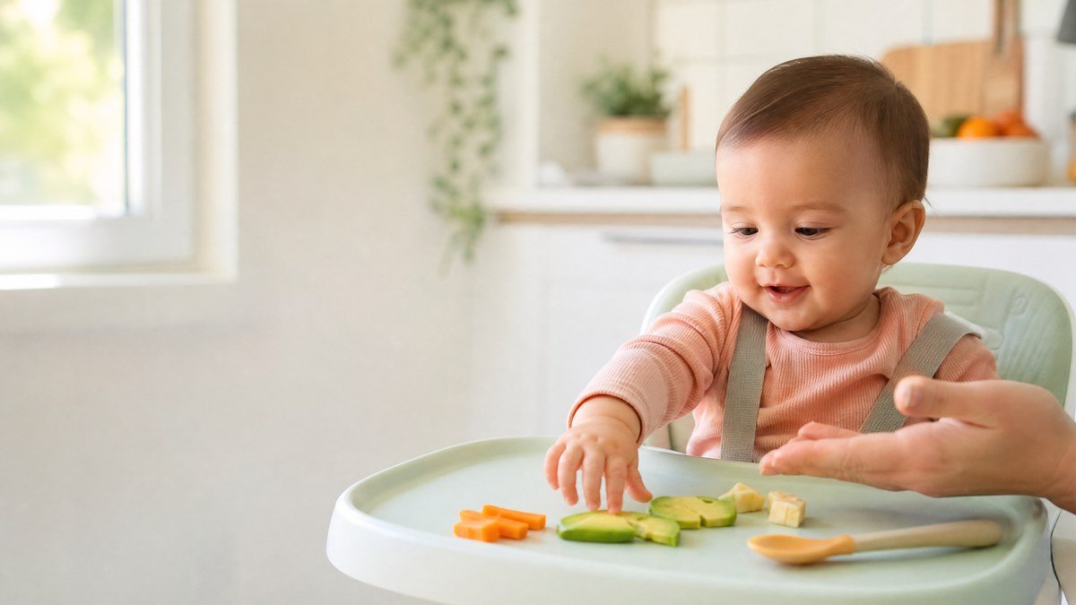 Baby reaching toward soft finger foods on a supervised highchair tray