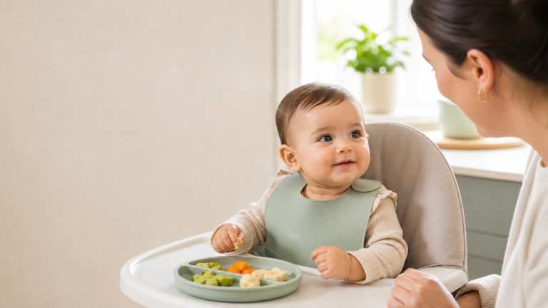 Parent supervising an infant eating soft food safely in an upright high chair