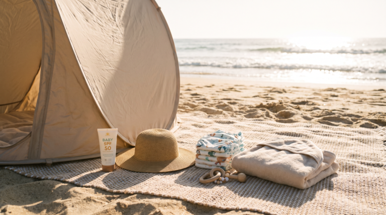 Beach essentials for newborns including sun protection, swim gear, and baby-safe items arranged on beach blanket