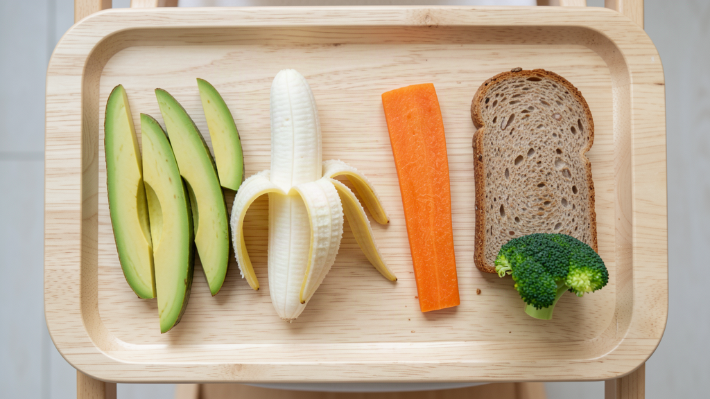 Baby-led weaning safe finger foods cut into long spear shapes: avocado, banana, steamed carrot, toast strip, and broccoli, arranged on a high-chair tray
