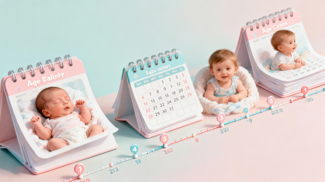 Age calculator showing timeline from newborn to toddler with calendar