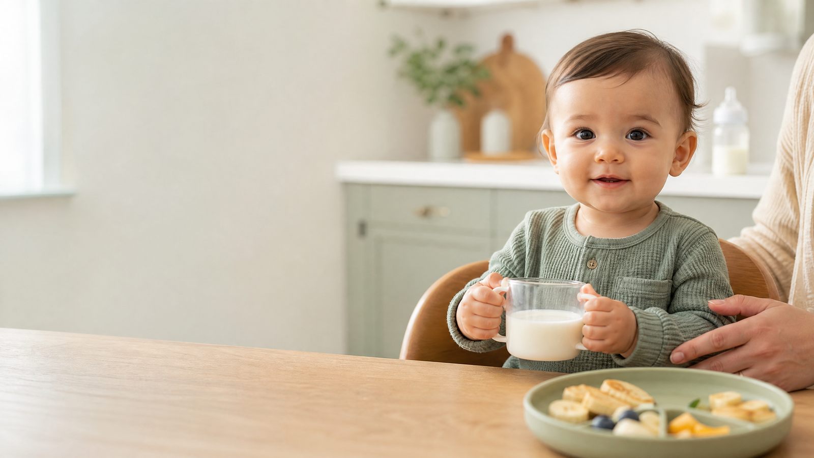 Parent offering whole milk in a cup to a 12-month-old during the formula transition