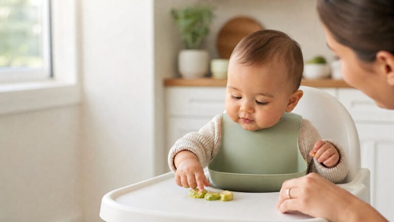 Baby exploring soft textured food while seated upright with a caregiver supervising