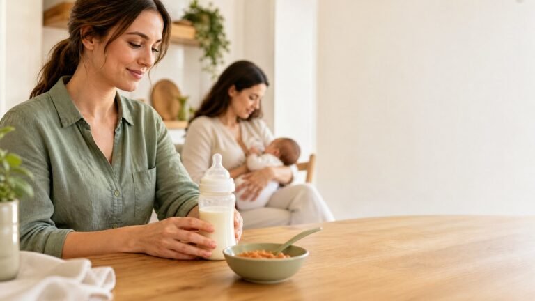Caregiver combining breast milk, formula, and soft solids during infant feeding