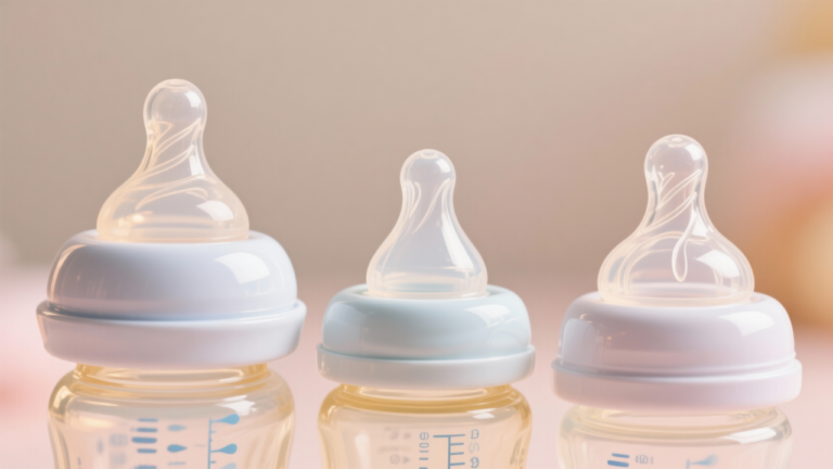 Different baby bottle nipple shapes including wide base, narrow, and orthodontic designs for newborn feeding