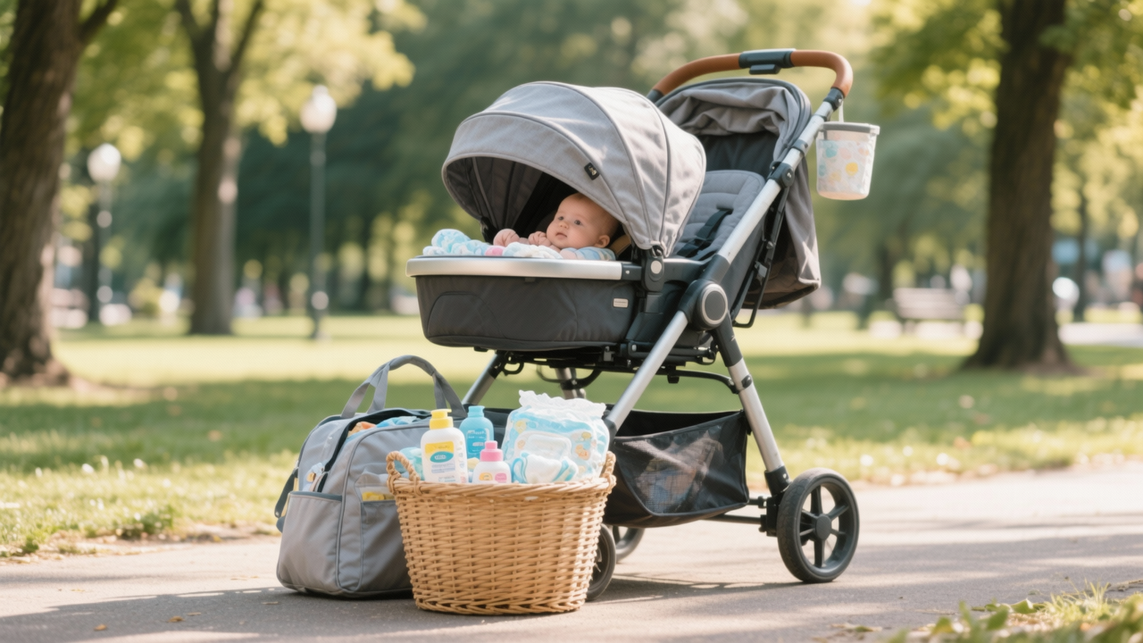 Modern baby stroller with storage basket filled with diaper bag and baby essentials showing capacity
