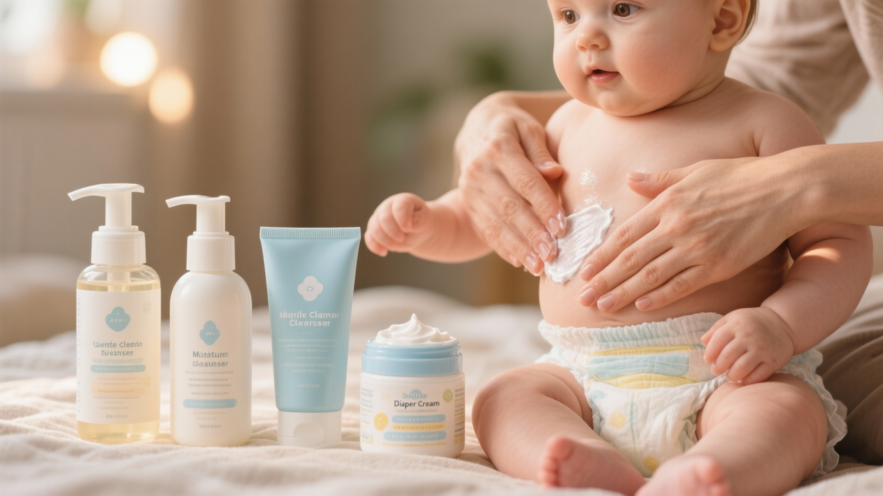 Baby skincare products arranged in layering order - cleanser, moisturizer, and diaper cream for infant skin care