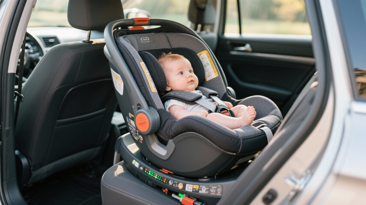 Rear-facing infant car seat showing proper 45-degree recline angle with level indicator for newborn airway safety