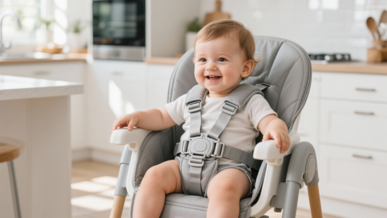 Baby high chair with 5-point harness system showing buckle and strap fastening details for toddler safety