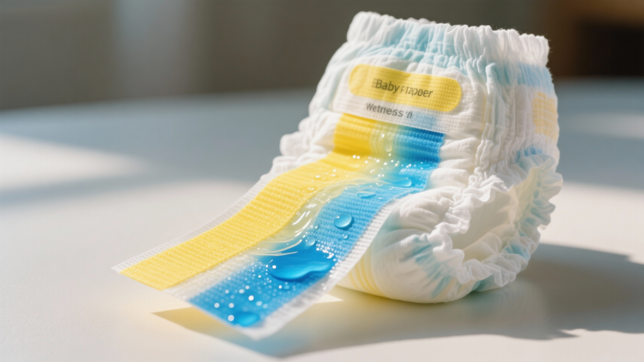 Baby diaper wetness indicator strip changing color from yellow to blue showing when to change diaper