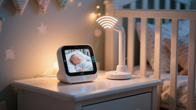 WiFi baby monitor with video display showing sleeping infant and parent unit with signal strength indicator