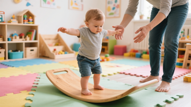 Toddler safely standing on wooden balance board with parent supervision in Montessori playroom environment