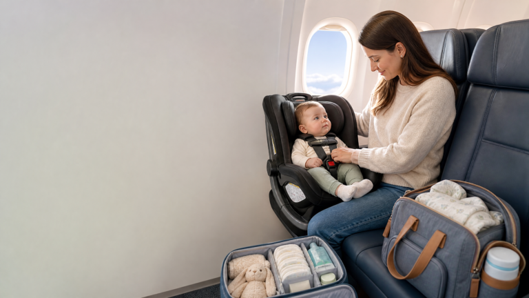 Caregiver preparing a baby’s first flight with an approved car seat and carry-on checklist.