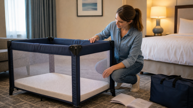 Parent inspecting a hotel crib for baby sleep safety before a family trip