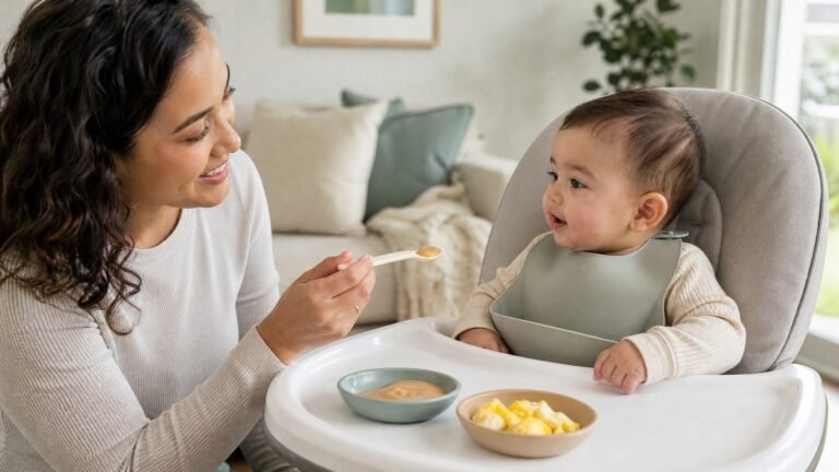 Caregiver offering a small, thinned peanut spread taste to a 6-month-old in a high chair