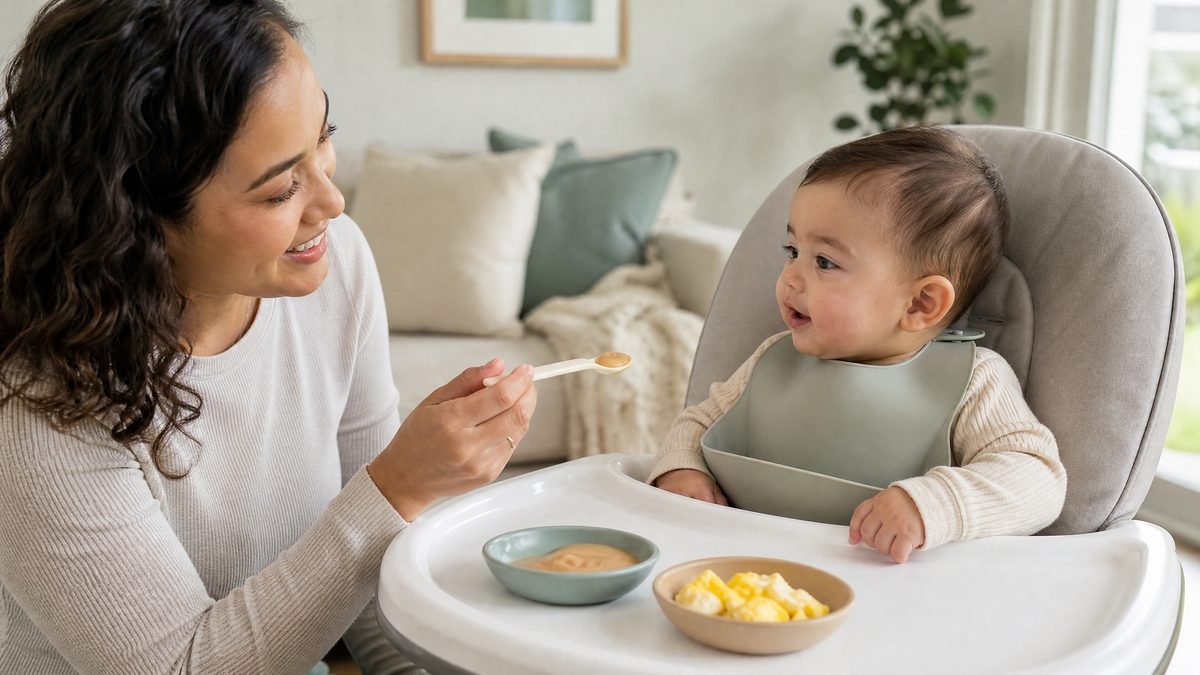 Caregiver offering a small, thinned peanut spread taste to a 6-month-old in a high chair