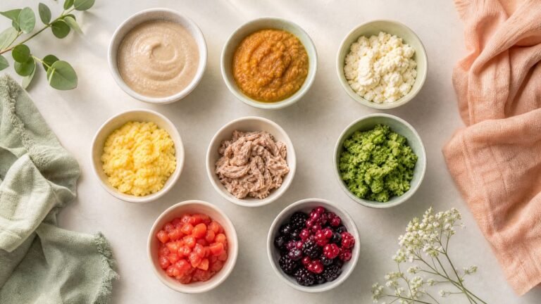 Iron-rich foods for baby including fortified cereal, lentils, tofu, egg, meat, broccoli, tomato, and berries