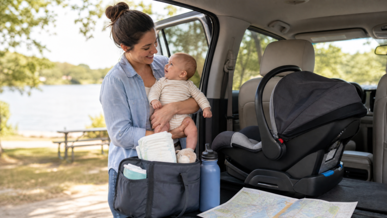 Caregiver preparing baby road-trip car-seat breaks beside a correctly installed rear-facing infant car seat