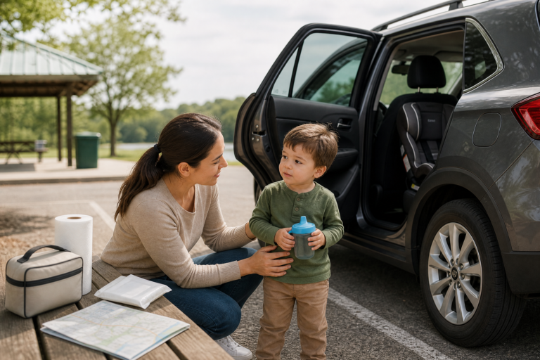 Parent helping a toddler with motion sickness during a safe road-trip break