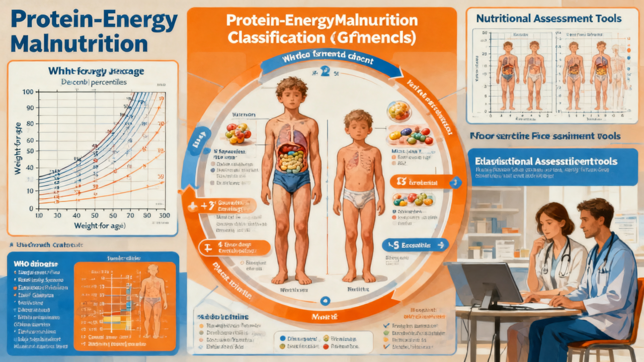 PEM classification calculator showing WHO growth chart with nutritional assessment