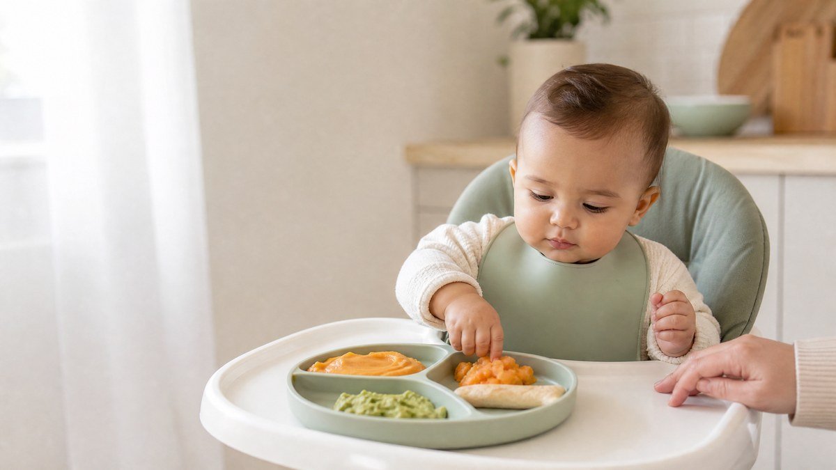Baby exploring mashed and soft textured foods after purees